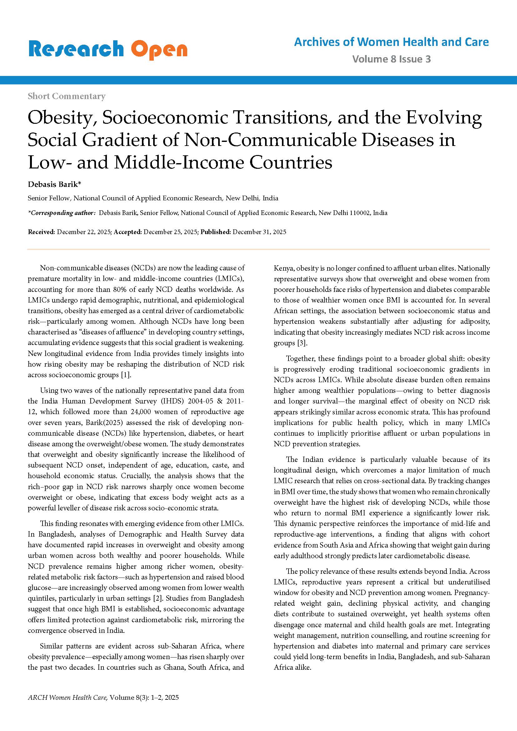 Obesity, Socioeconomic Transitions, and the Evolving Social Gradient of Non-Communicable Diseases in Low- and Middle-Income Countries